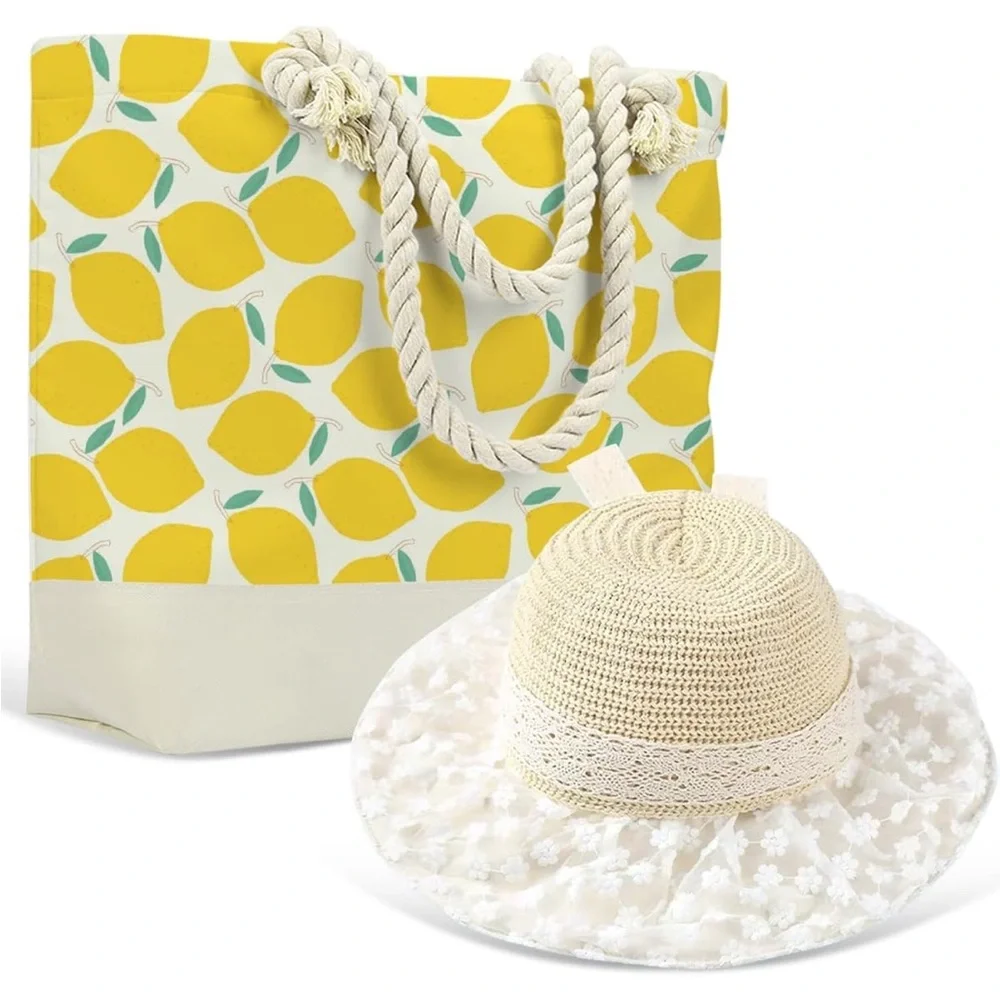 Lemon Print Tote Bag and Lace Sun Hat